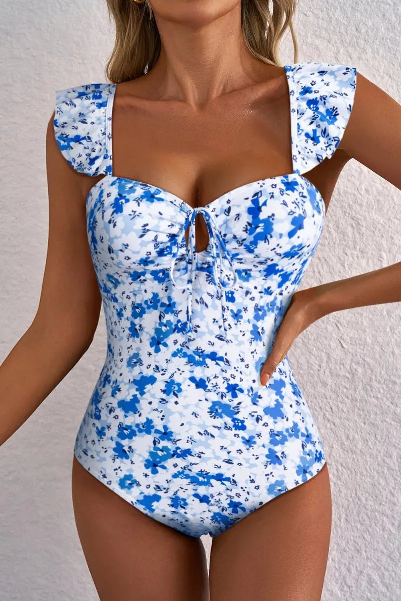 Blue Bohemian Floral Ruffled Lace-Up One-Piece Swimsuit - Love Salve